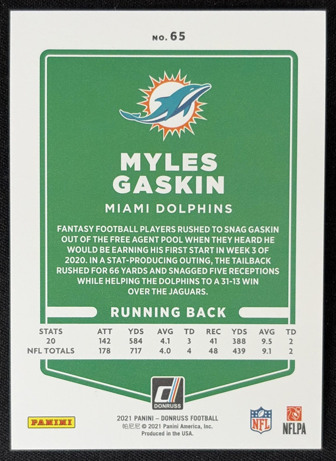 Myles Gaskin 2021 Panini Donruss Press Proof Premium Dolphins Sports Trading Card