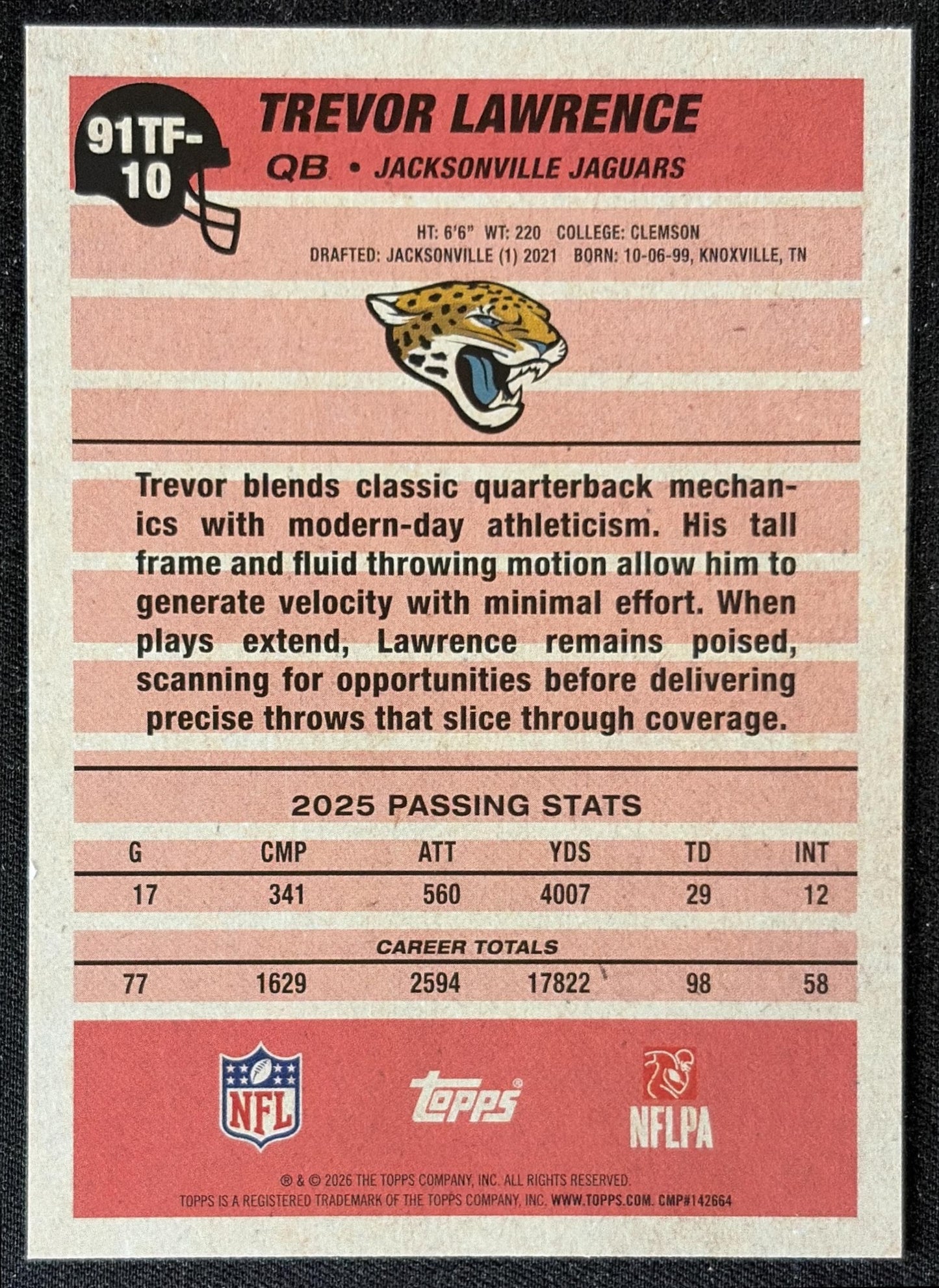 Trevor Lawrence 2026 Topps 1991 Jaguars back