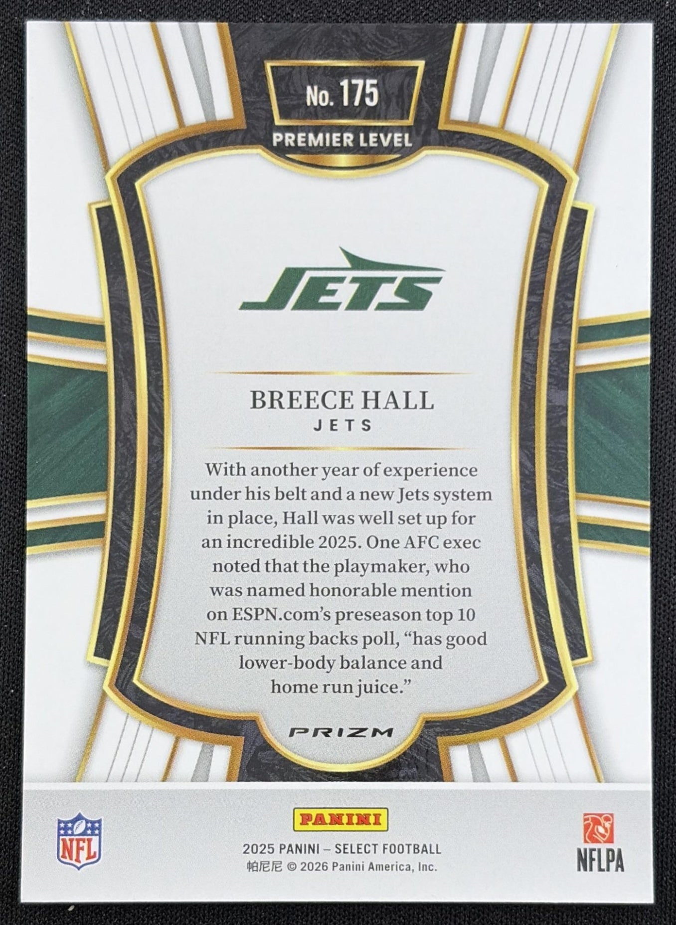Breece Hall 2025 Panini Select Premier Level Zebra Prizm Shock Jets
