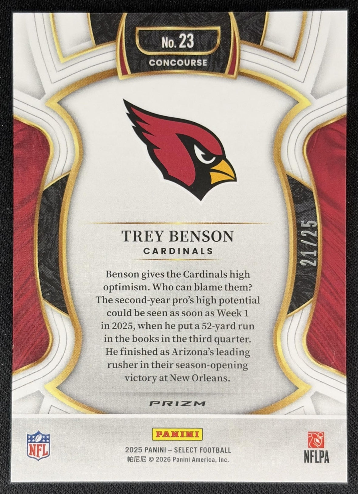 Trey Benson 2025 Panini Select Concourse Tie-Dye Prizm Shock /25 Cardinals Back