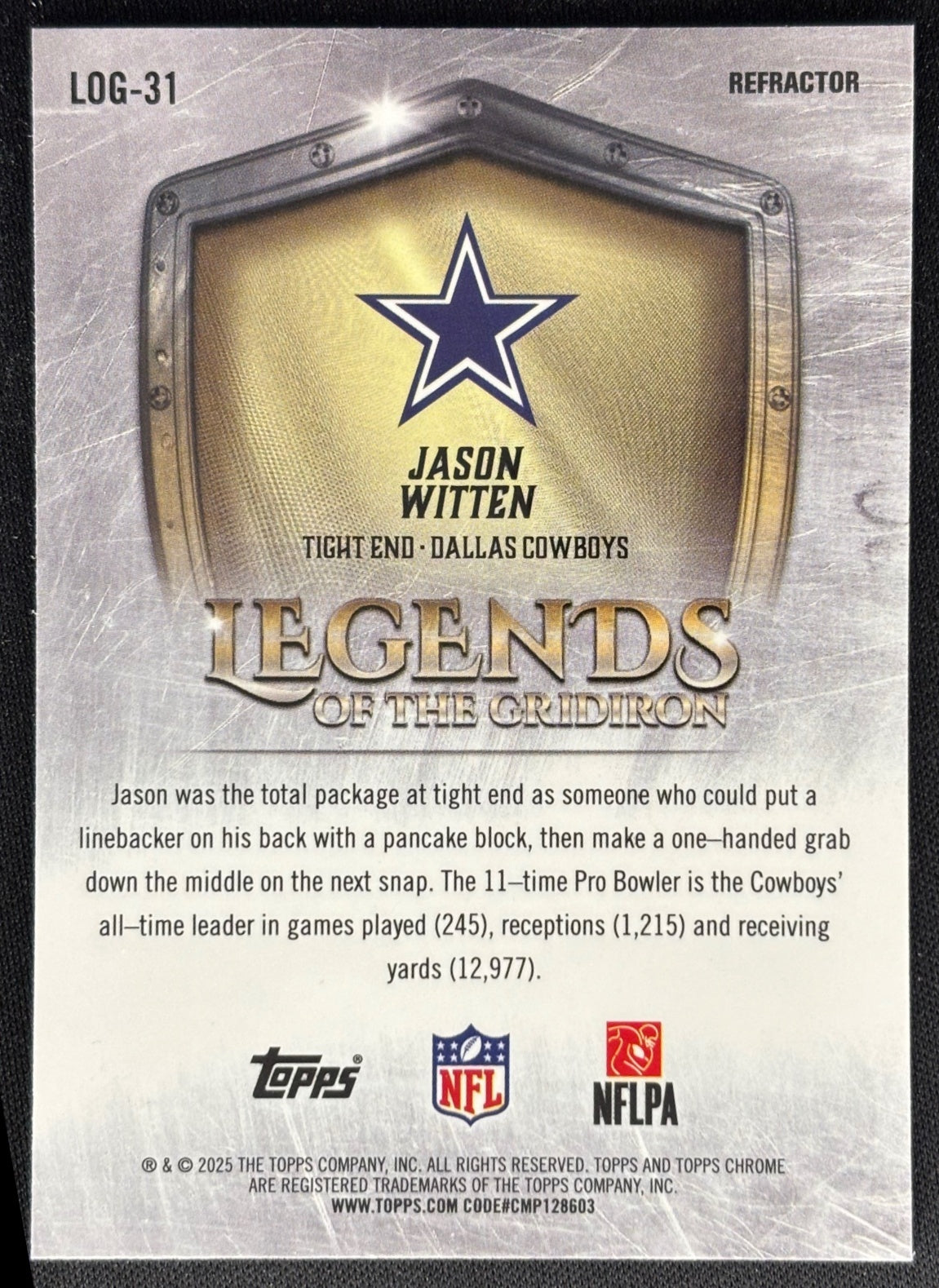 Jason Witten 2025 Topps Chrome Legends of the Gridiron Refractor Cowboys Sports Trading Cards