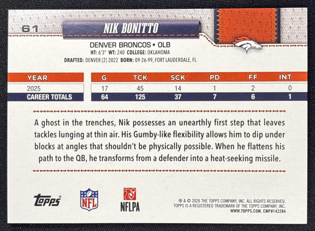 Nik Bonitto 2026 Topps Diamante Foil Broncos Sports Trading Card