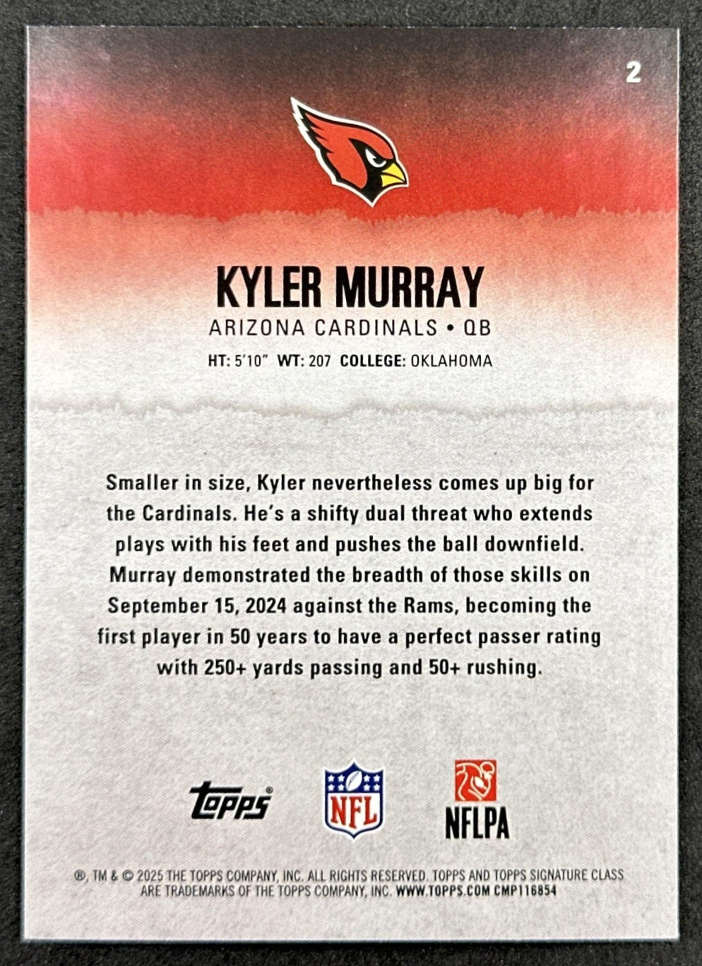 Kyler Murray 2025 Topps Signature Class Veteran Blue & Yellow Foil Cardinals back sports trading card