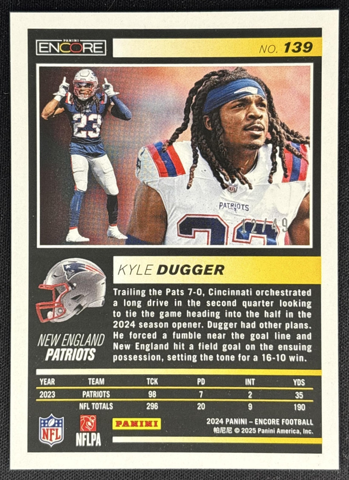 Kyle Dugger 2024 Panini Encore Red /49 Patriots back