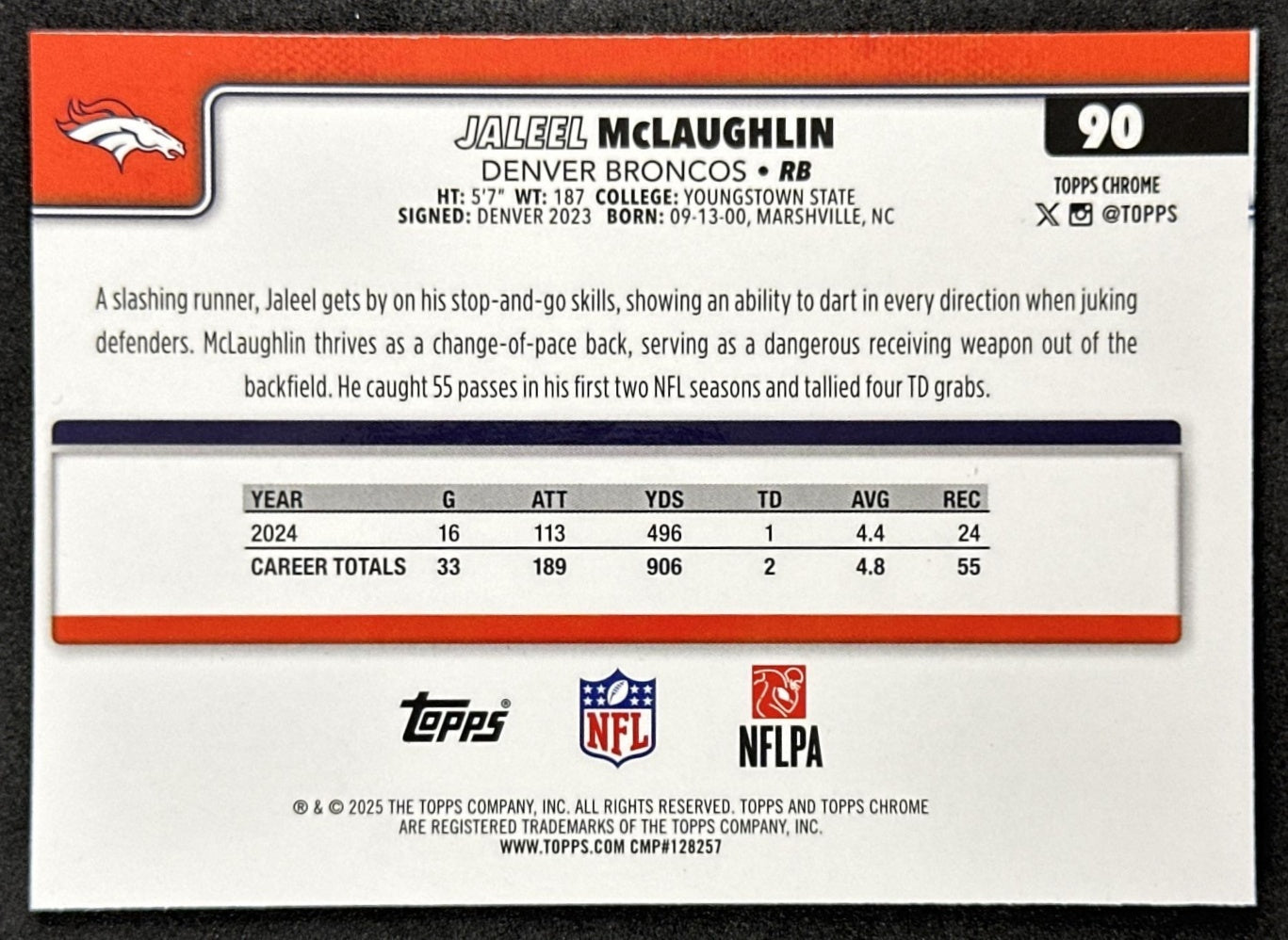Jaleel McLaughlin 2025 Topps Chrome Sapphire Broncos