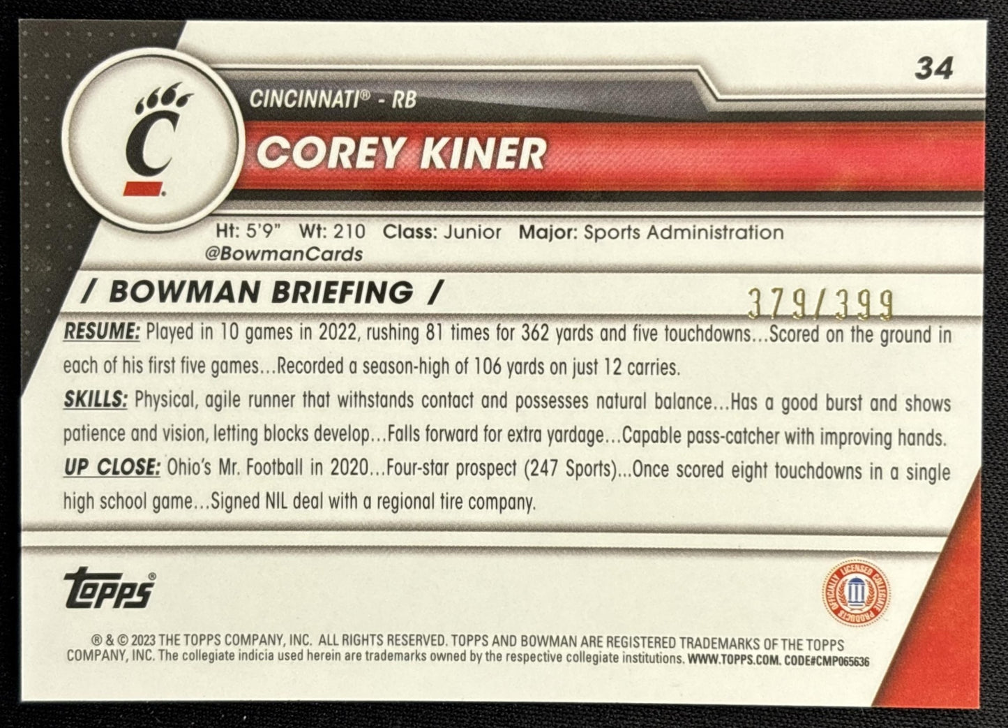 Corey Kiner 2023 Bowman University Chrome Purple Refractor /399 back
