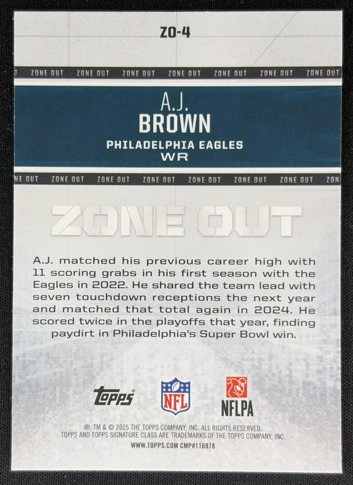 A.J. Brown 2025 Topps Signature Class Zone Out Eagles back