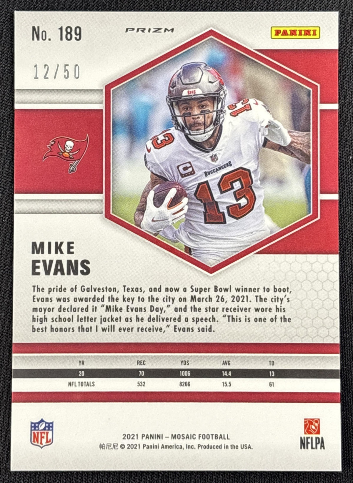 Mike Evans 2021 Panini Mosaic No Huddle Prizm Purple /50 Buccaneers