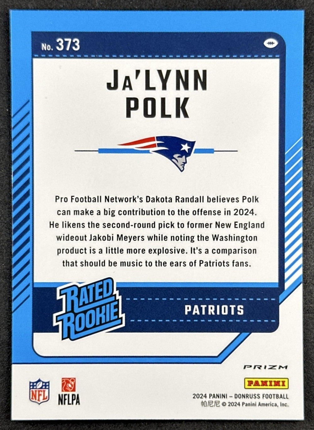 Ja'Lynn Polk 2024 Panini Donruss Optic Rated Rookie Preview Holo Patriots Back