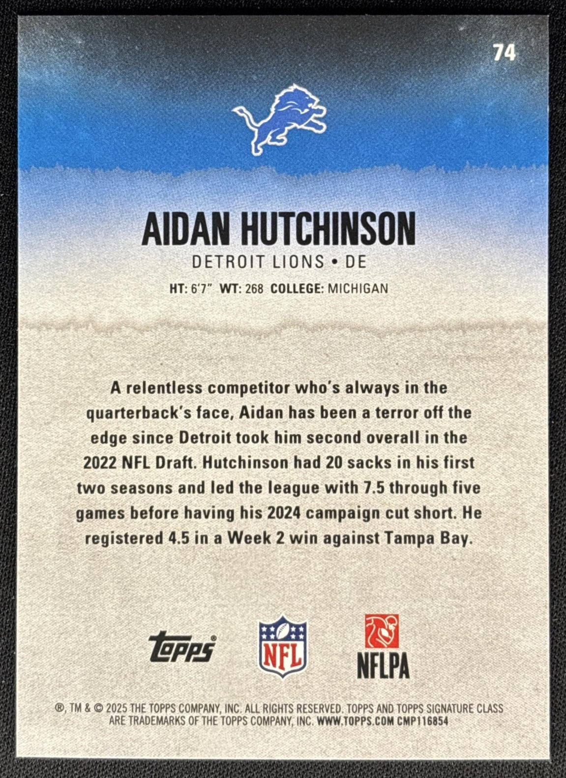Aidan Hutchinson 2025 Topps Signature Class Veteran Blue & Yellow Foil Lions back