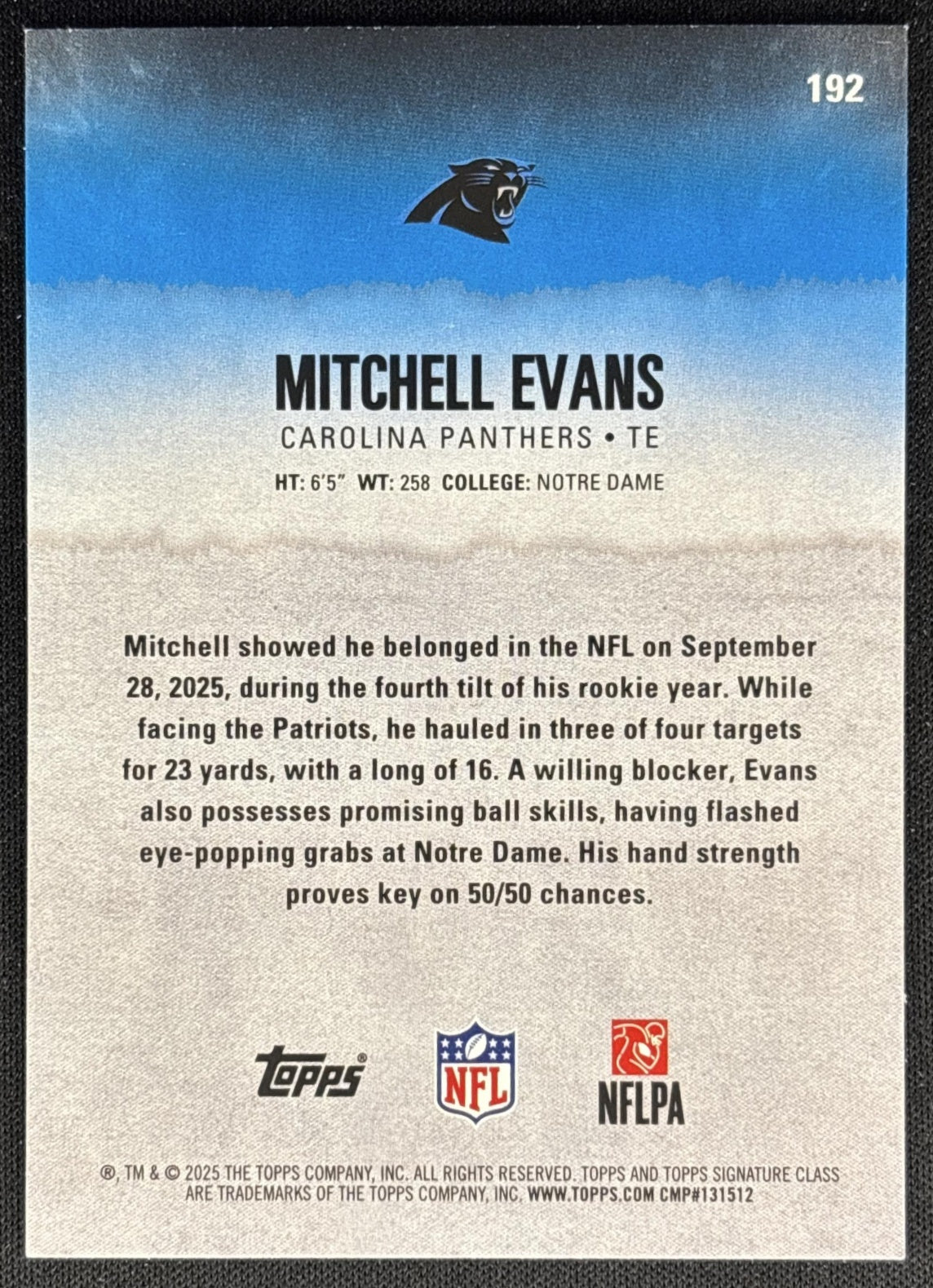 Mitchell Evans 2025 Topps Signature Class Rookie Green Foil /150 Panthers back