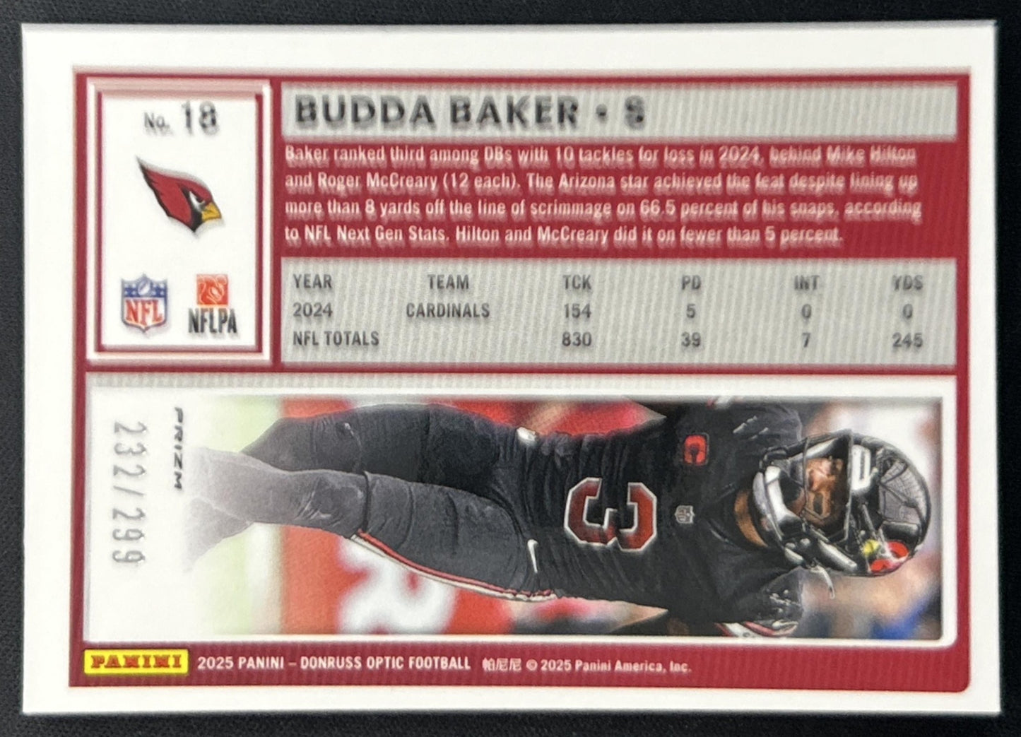 Budda Baker 2025 Panini Donruss Optic Orange Prizm /299 Cardinals back