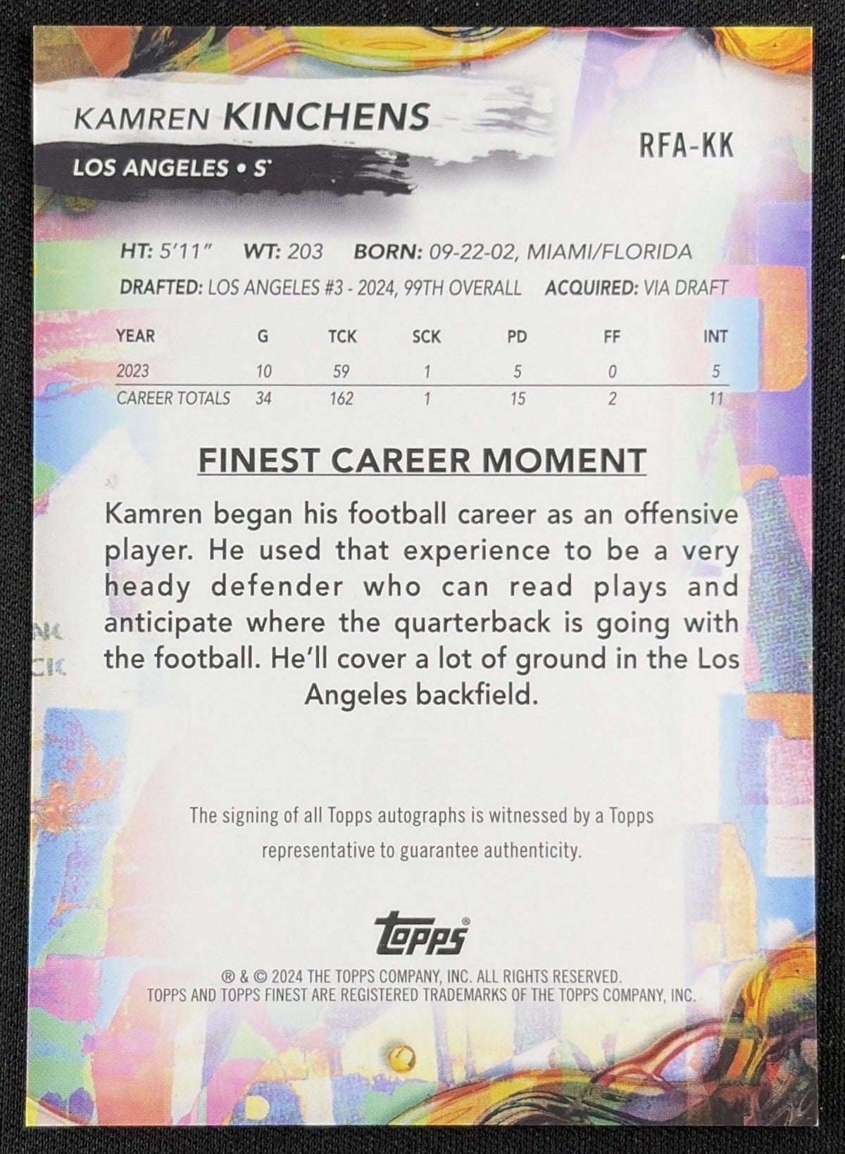 Kamren Kinchens 2024 Topps Finest Rookie Auto Blue Geometric Refractor /99 Rams