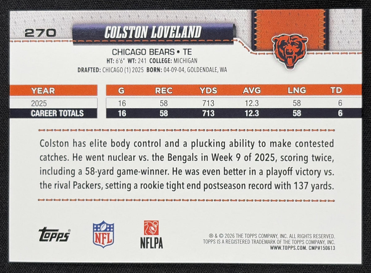 Colston Loveland 2026 Topps Crackle Bears back