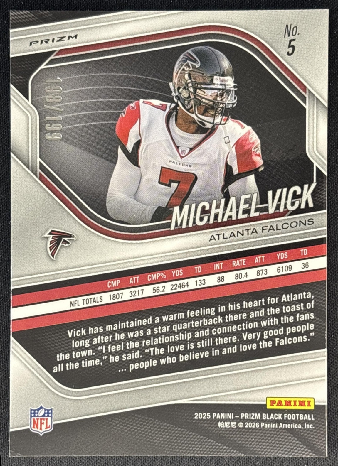 Michael Vick 2025 Panini Prizm Black Blue /199 Falcons back