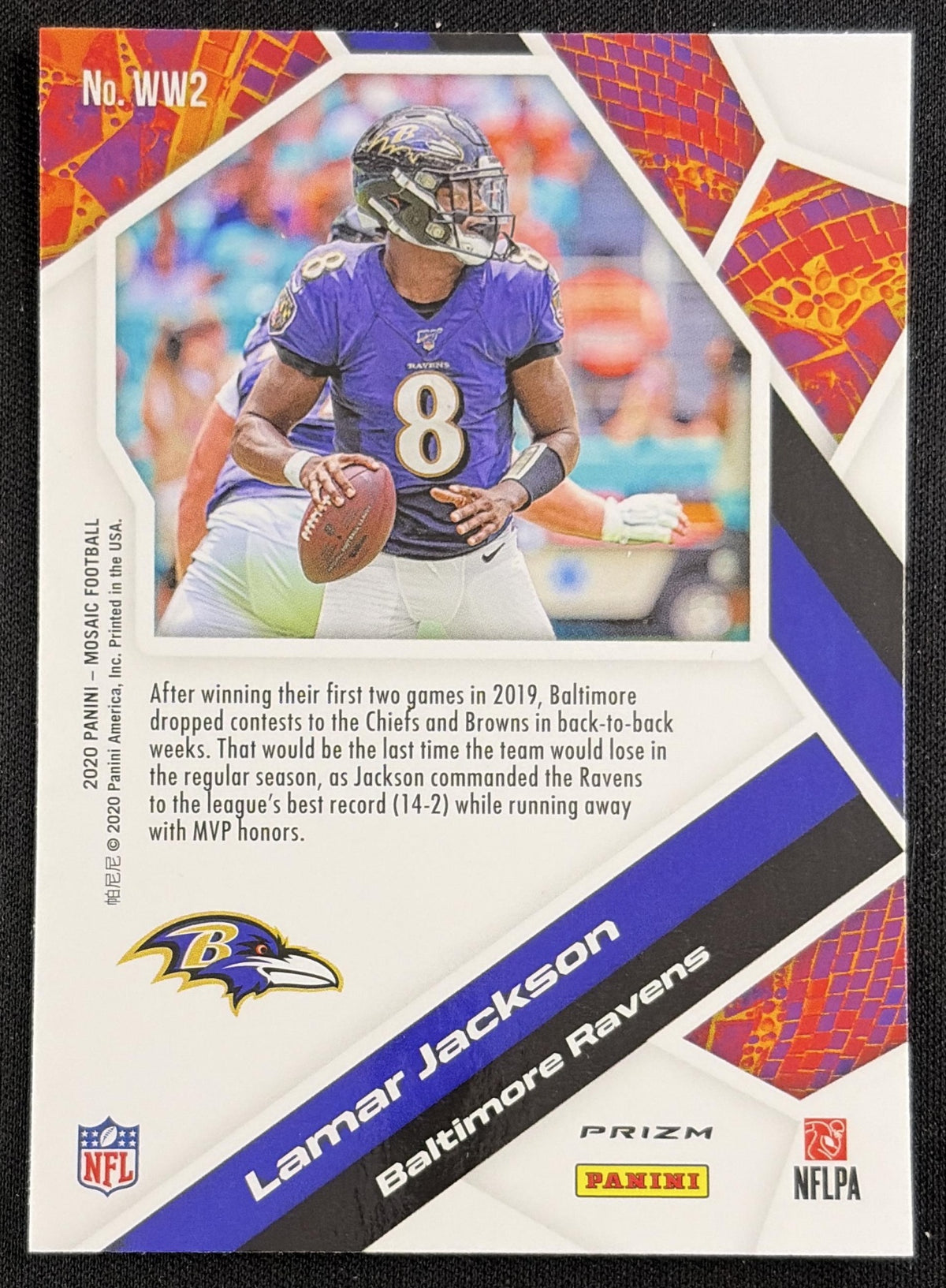 Lamar Jackson 2020 Panini Mosaic Will to Win Prizm Green Ravens Sports Trading Card