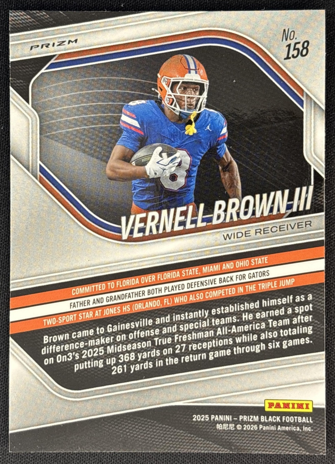Vernell Brown III 2025 Panini Prizm Black Prospects Hyper Gators back
