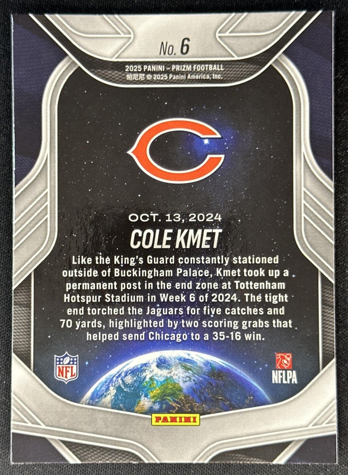 Cole Kmet 2025 Panini Prizm Global Reach Silver Bears back
