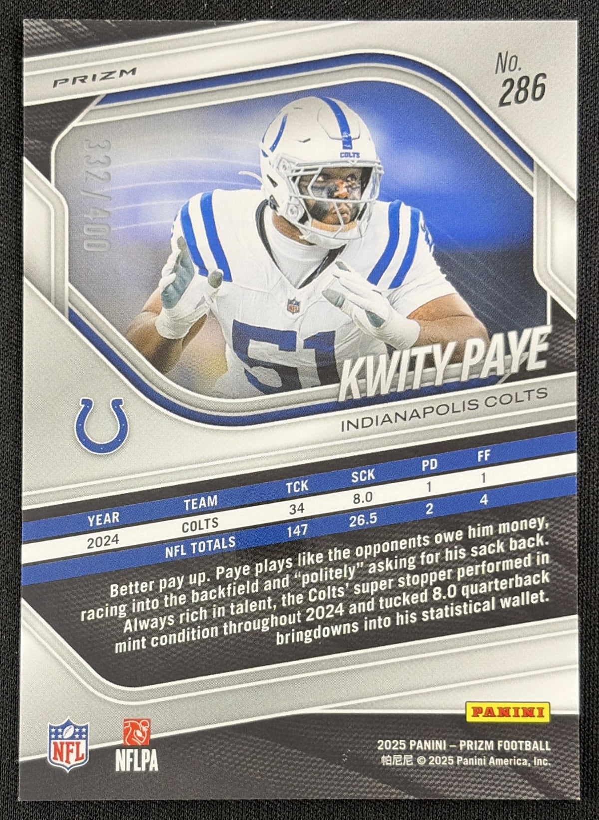 Kwity Paye 2025 Panini Prizm Pandora /400 Colts