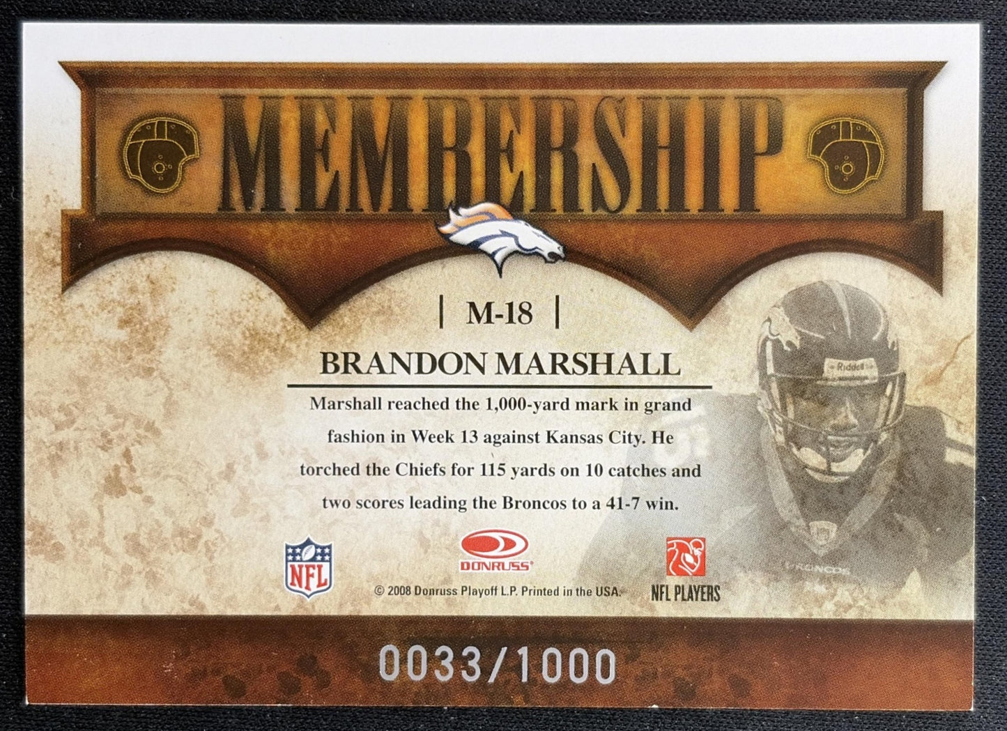 Brandon Marshall 2008 Donruss Classics Membership /1000 Broncos back
