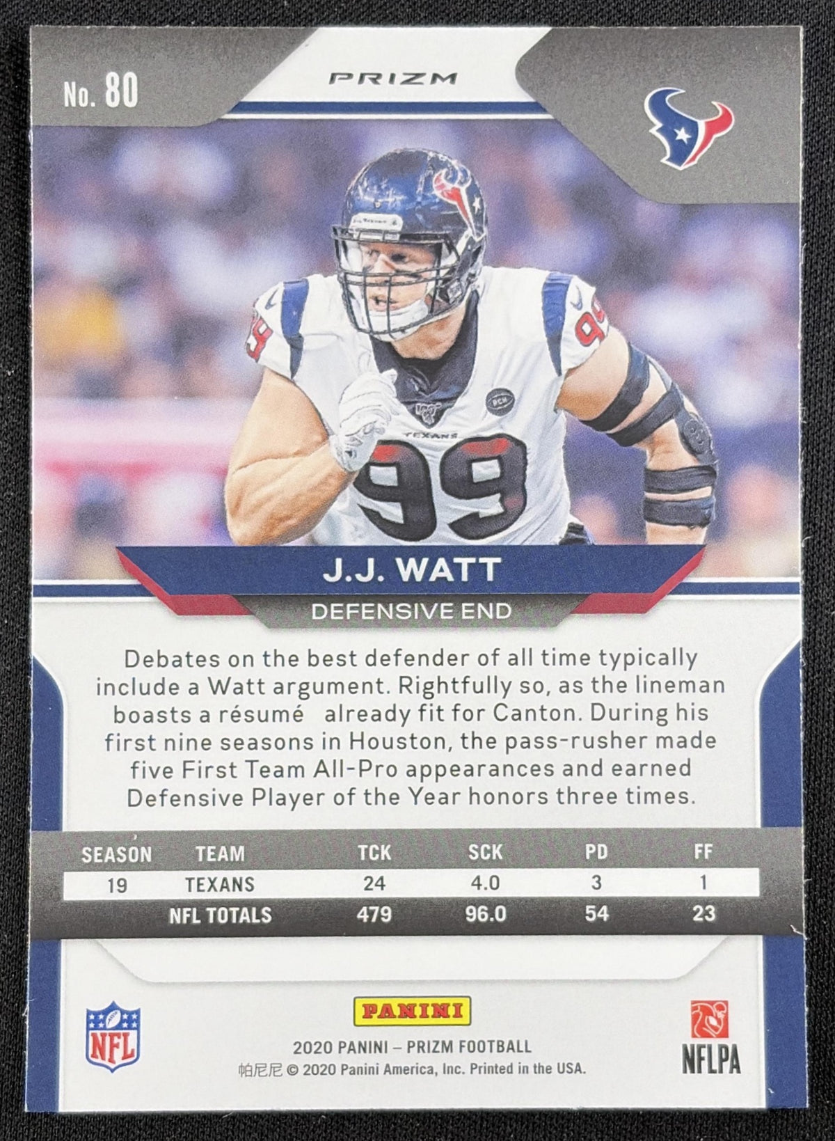 J.J. Watt 2020 Panini Prizm Pink Texans Sports Trading Card