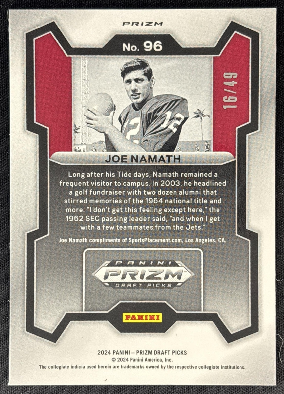 Joe Namath 2024 Panini Prizm Collegiate Draft Picks Red Flash /49 Crimson Tide back