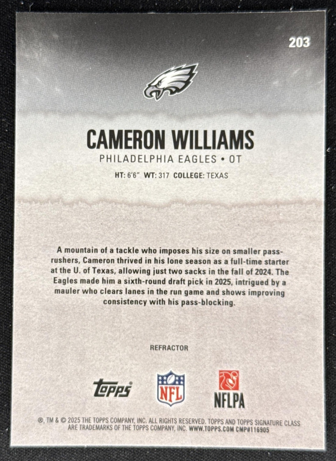 Cameron Williams 2025 Topps Signature Class Chrome Rookie White Refractor Eagles Philadelphia Eagles Sports Trading Card