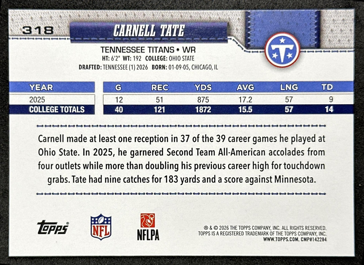 Carnell Tate 2026 Topps Flagship Rookie Titans Sports Trading Card