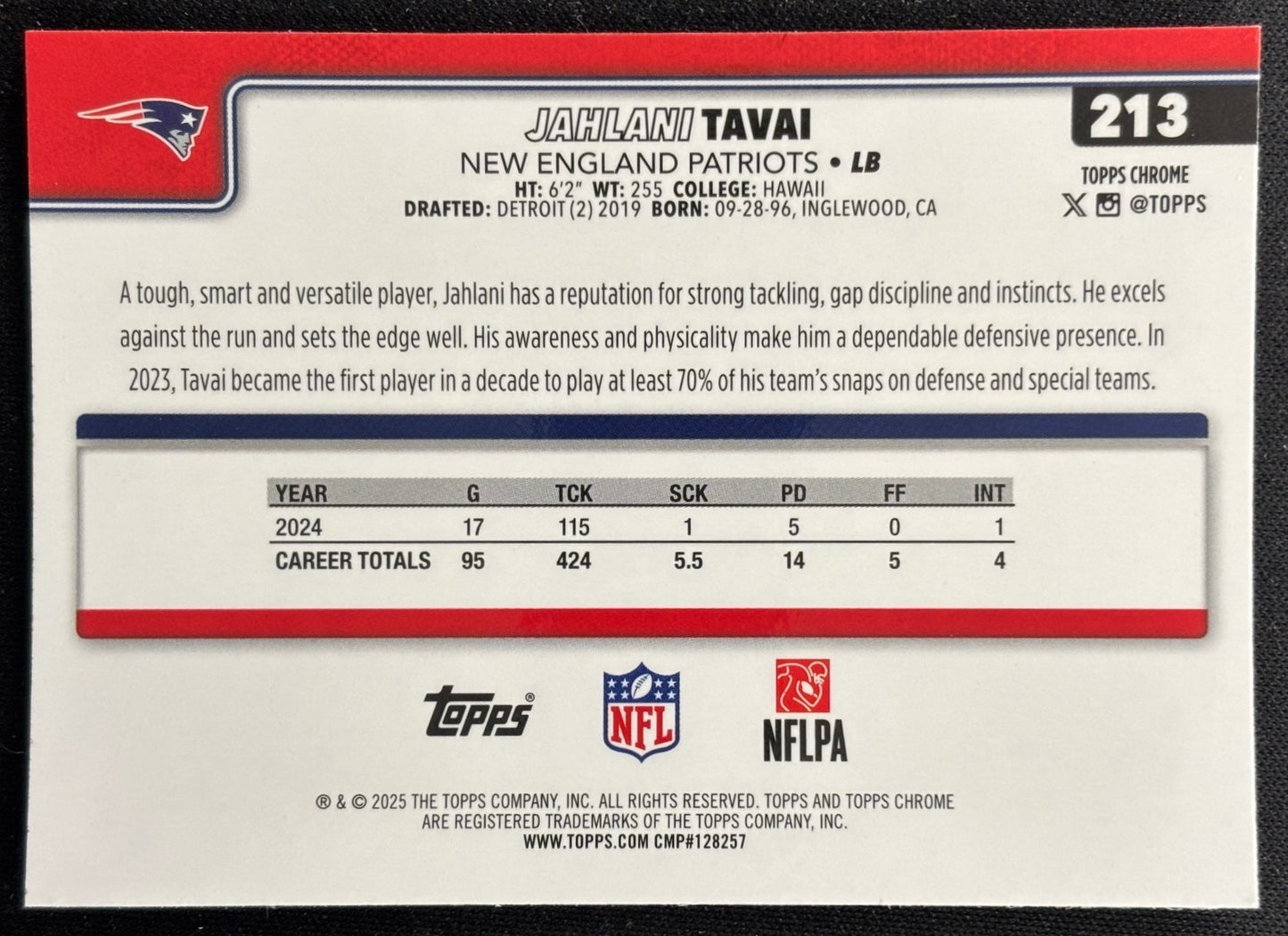 Jahlani Tavai 2025 Topps Chrome Pulsar Refractor Patriots
