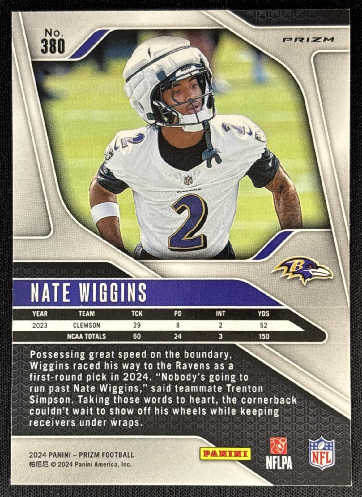 Nate Wiggins 2024 Panini Prizm Neon Green Pulsar Ravens