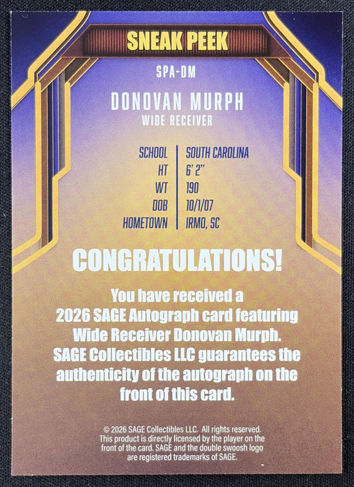 Donovan Murph 2026 SAGE Sneak Peek Auto Gold High Series/100 Gamecocks