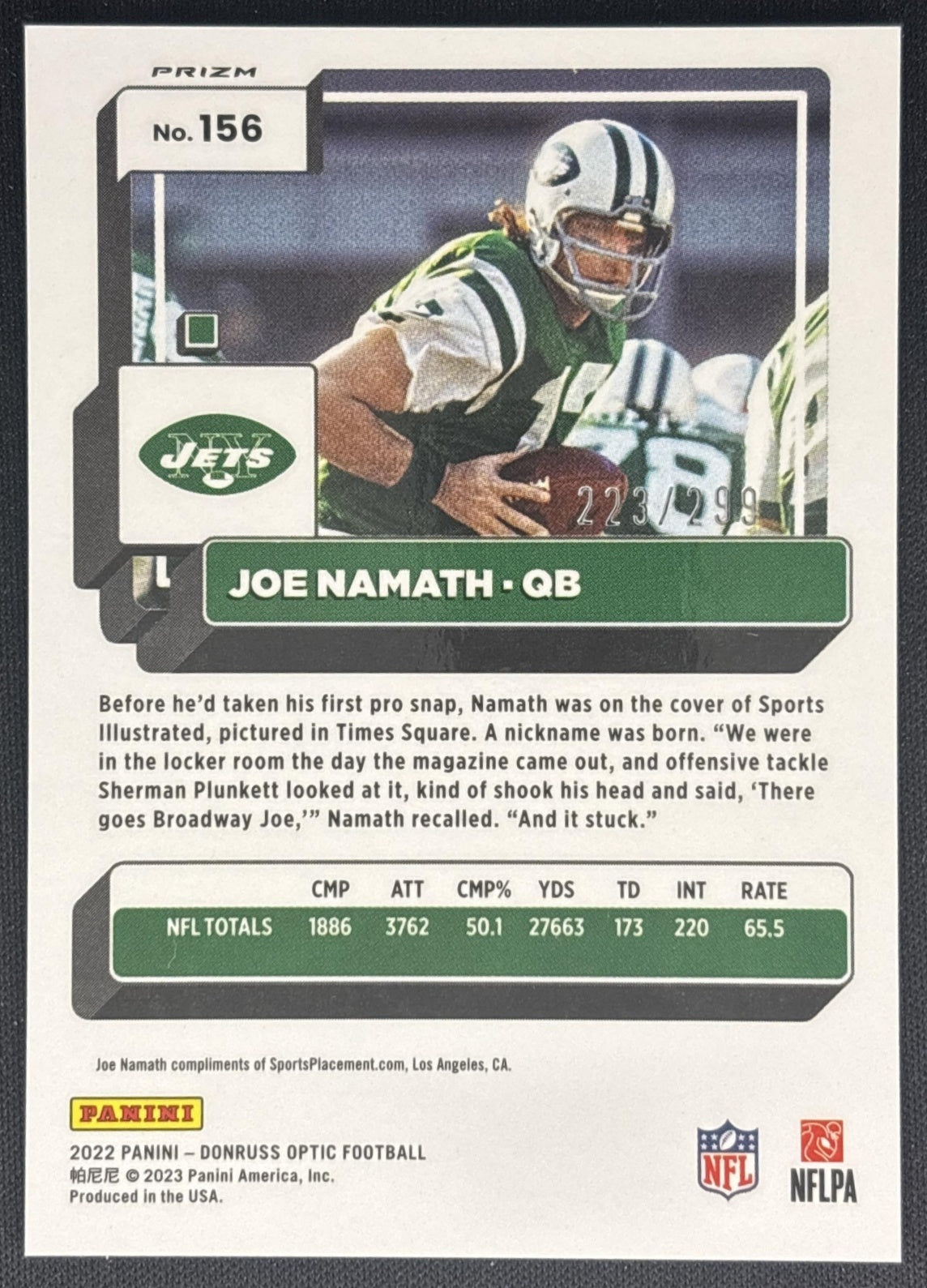Joe Namath 2022 Panini Donruss Optic Aqua /299 Jets back