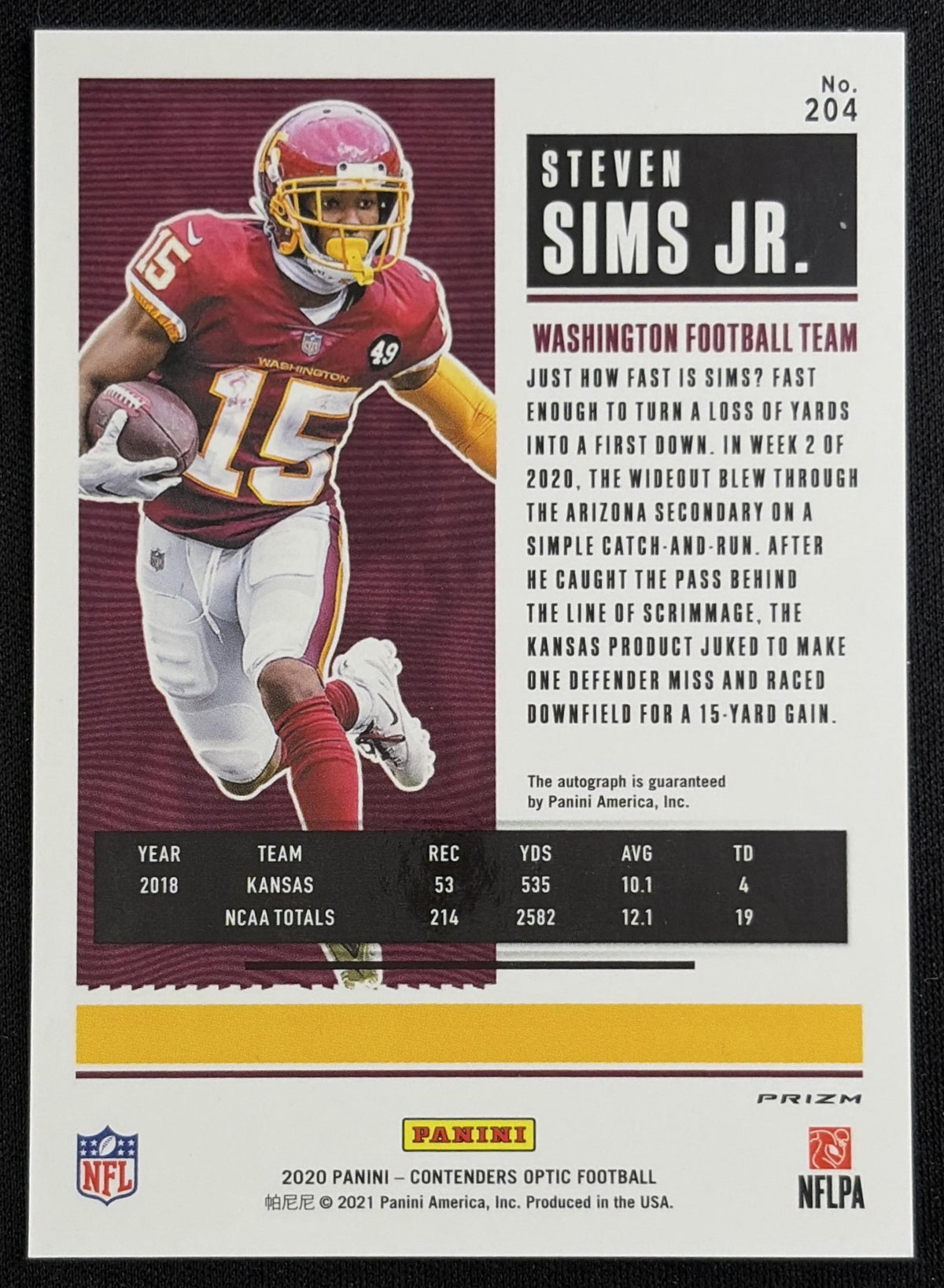 Steven Sims Jr. 2020 Panini Contenders Optic Silver Rookie Ticket Auto COmmanders