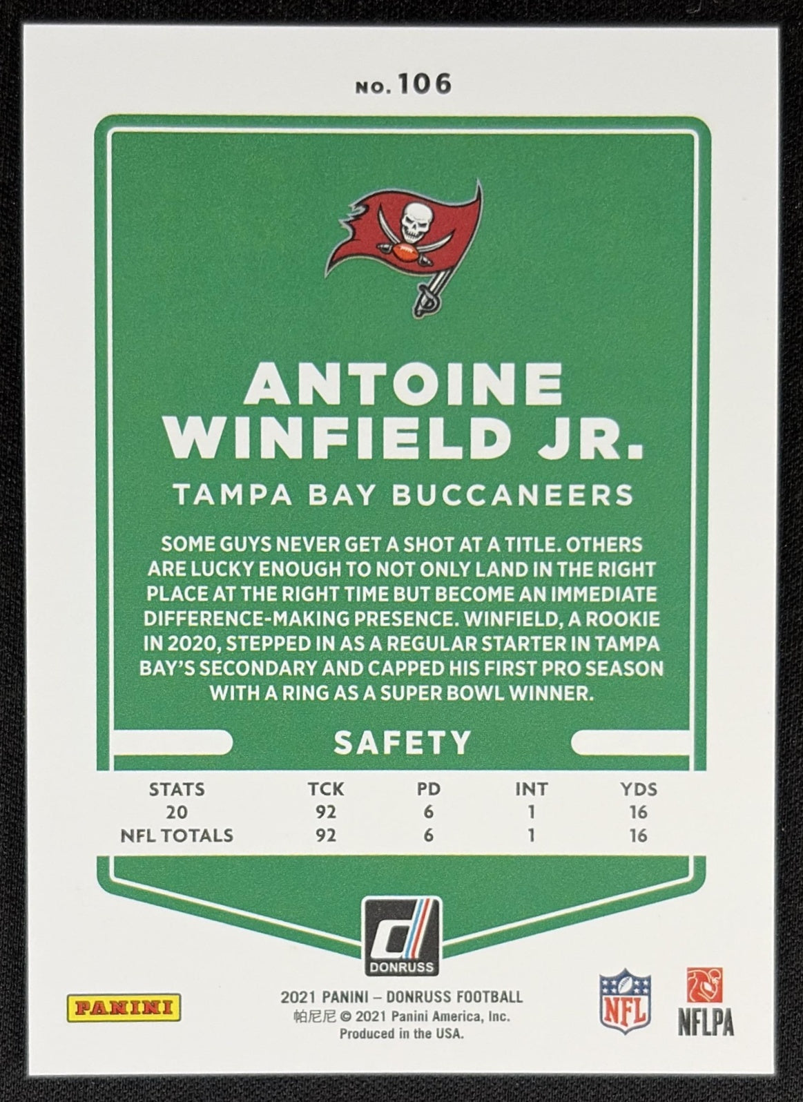 Antoine Winfield Jr. 2021 Panini Donruss Press Proof Premium Buccaneers - Tampa Bay Buccaneers