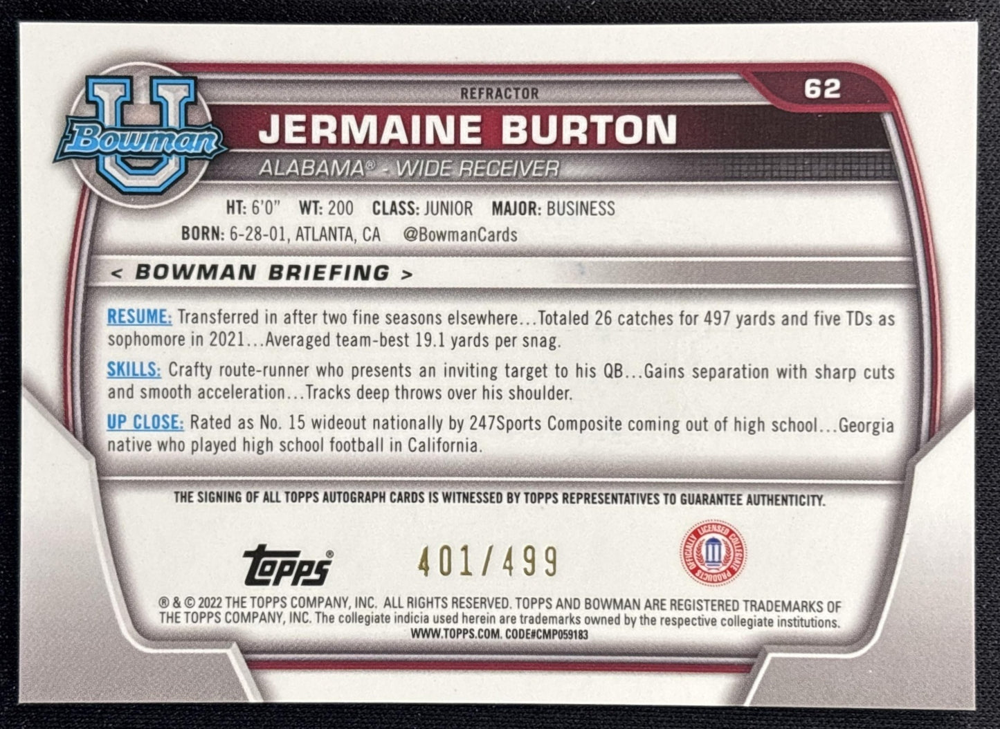 Jermaine Burton 2022 University Chrome Prospect Auto Refractor /499 Crimson Tide Back