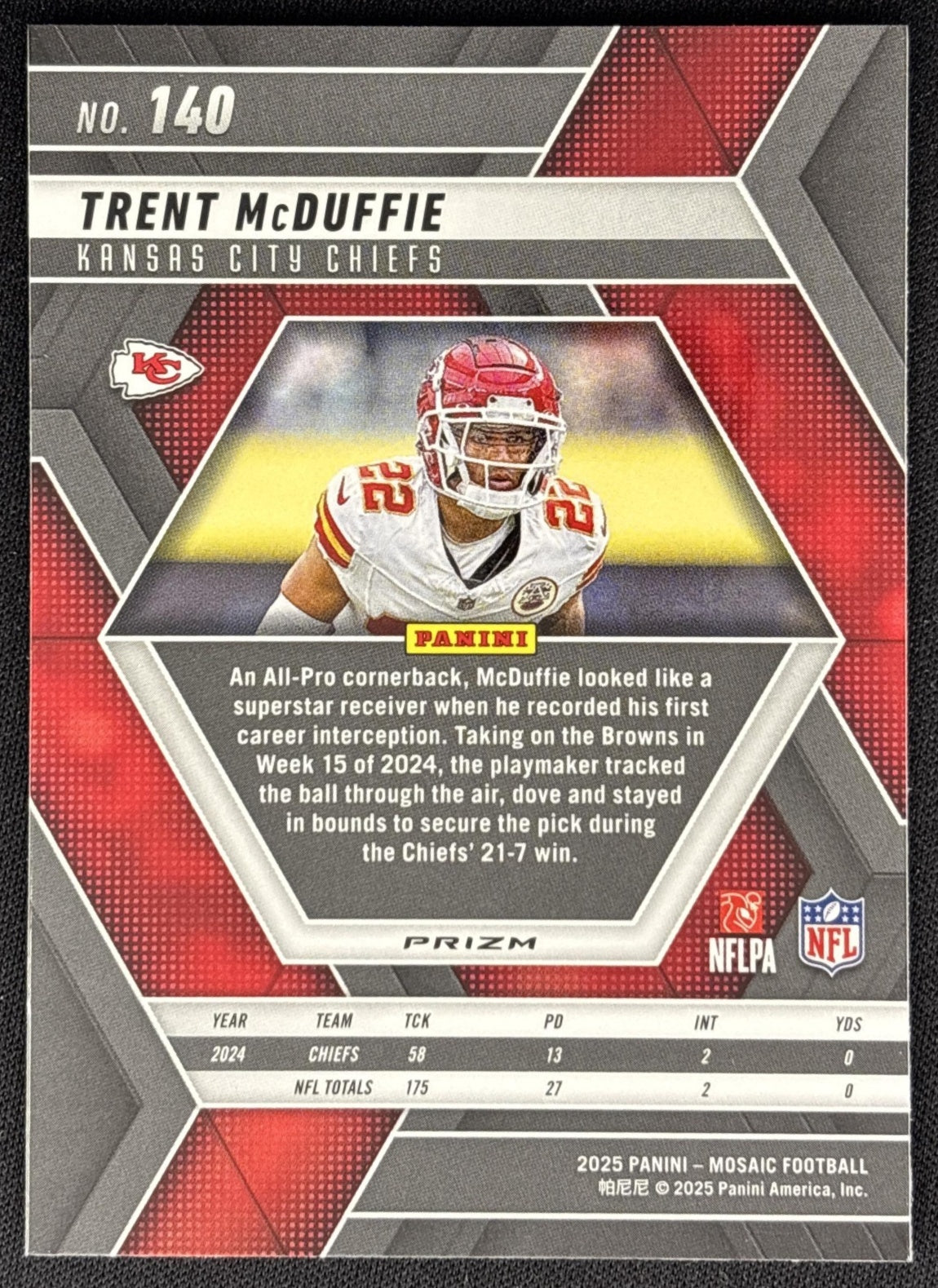Trent McDuffie 2025 Panini Mosaic Green Prizm Chiefs back