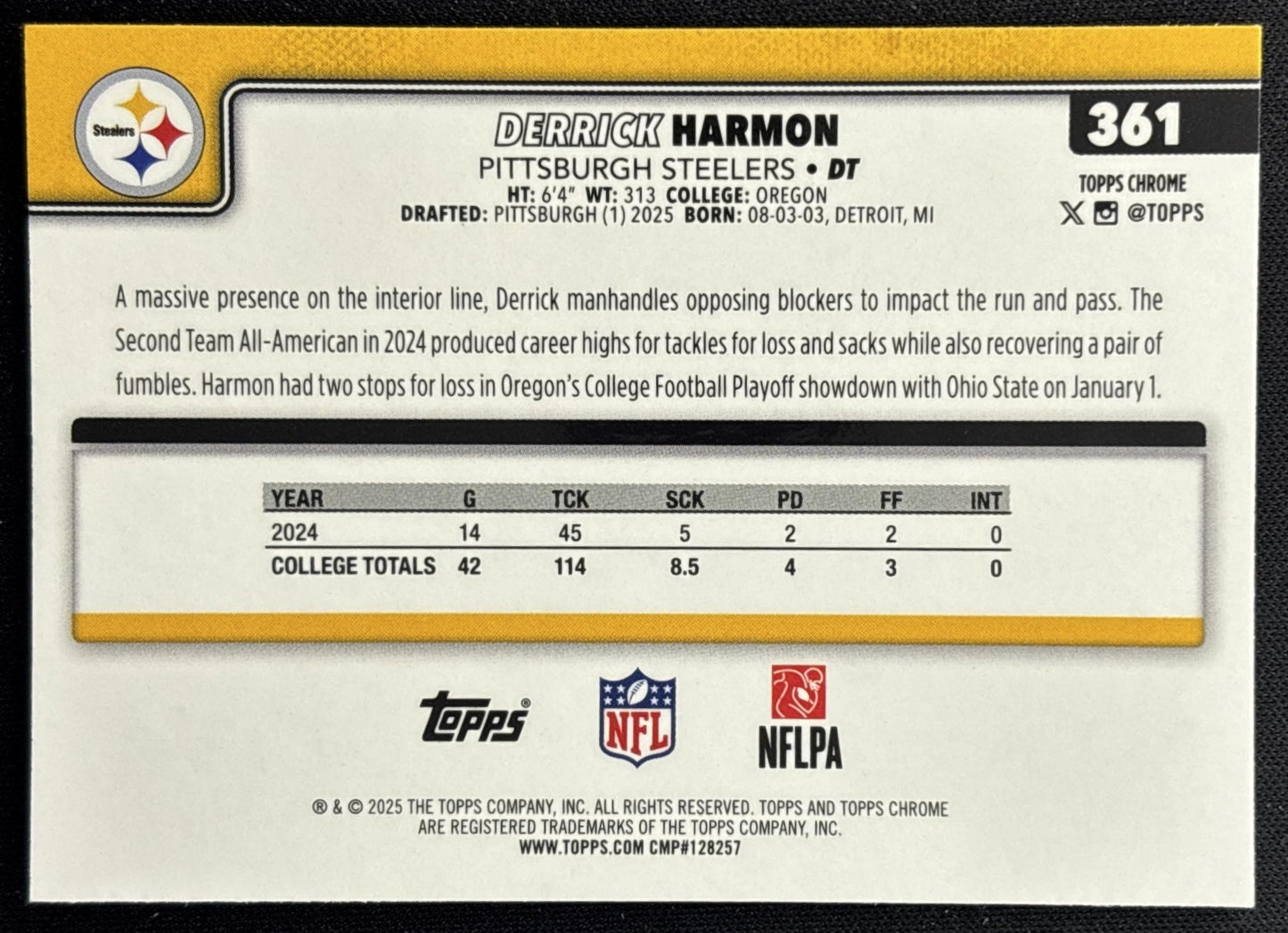 Derrick Harmon 2025 Topps Chrome Sapphire Steelers Sports Trading Cards