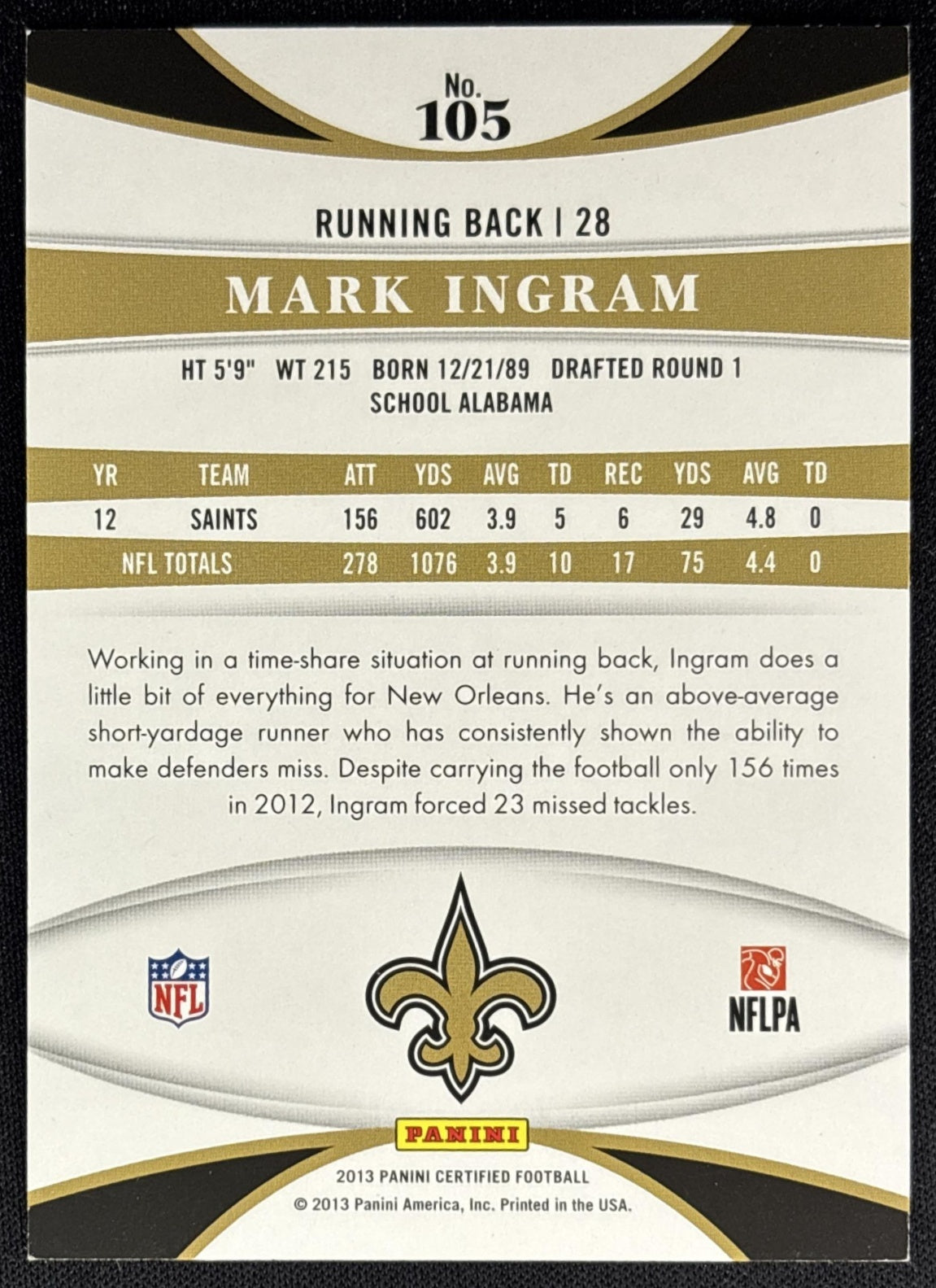 Mark Ingram 2013 Panini Certified Mirror Red /250 Saints back