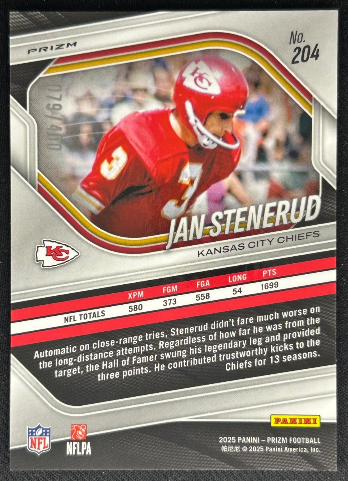 Jan Stenerud 2025 Panini Prizm Pandora /400 Chiefs Sports Trading Cards
