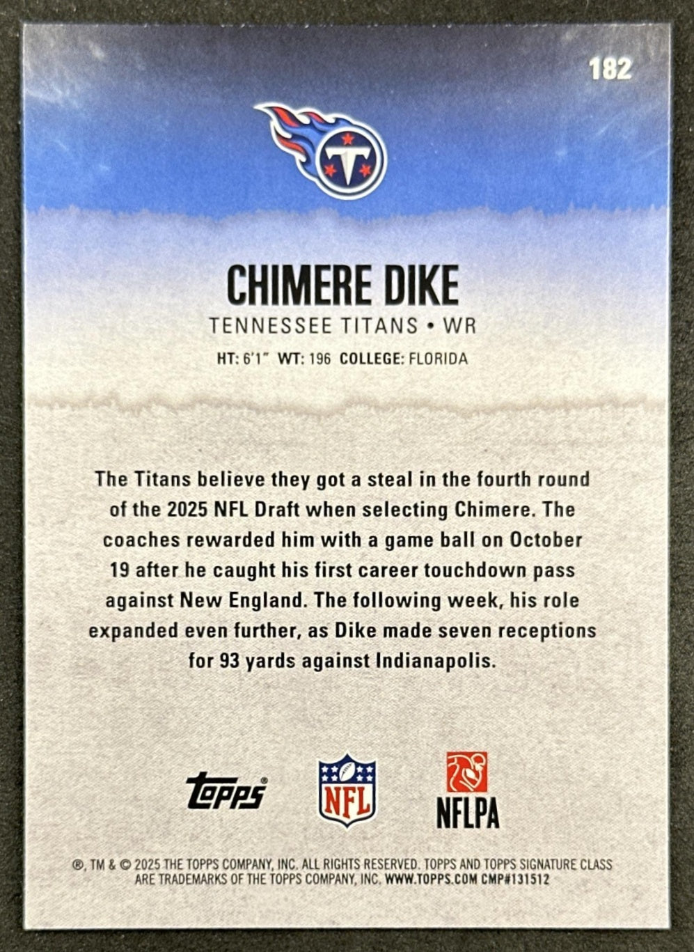Chimere Dike 2025 Topps Signature Class Rookie Blue & Yellow Foil Titans