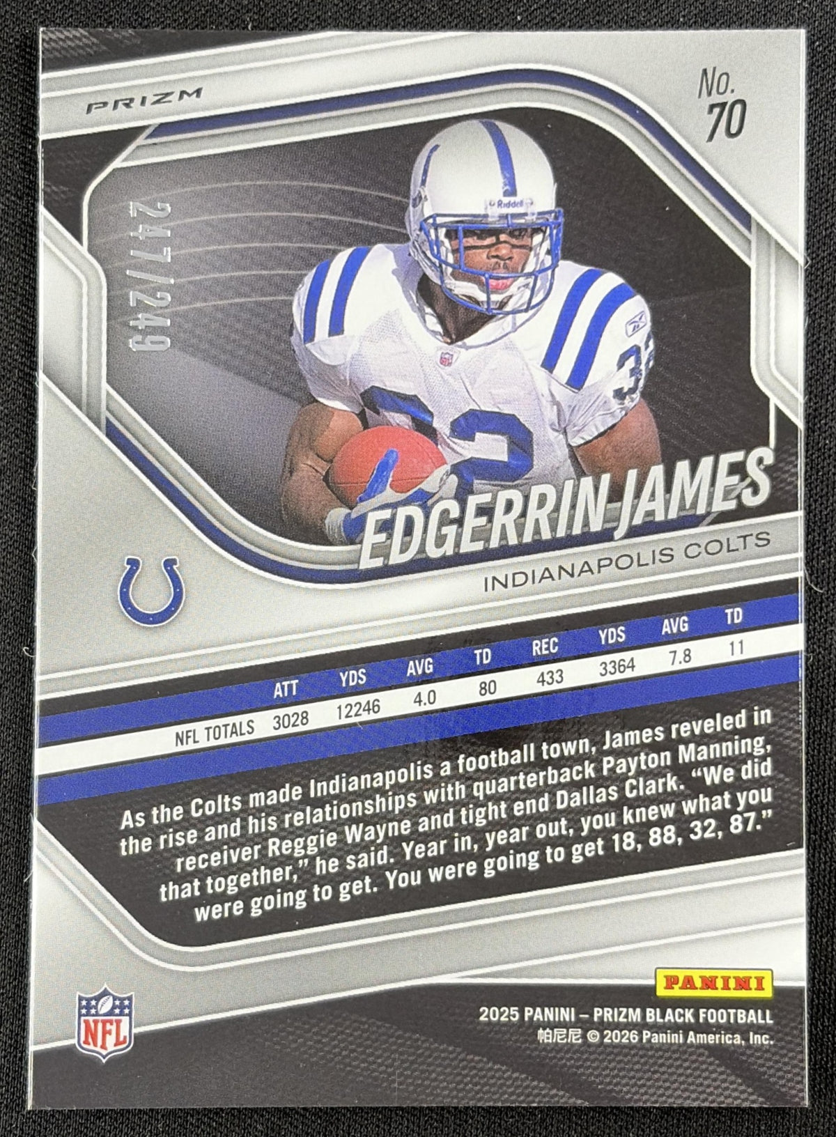 Edgerrin James 2025 Panini Prizm Black Skewed /249 Colts