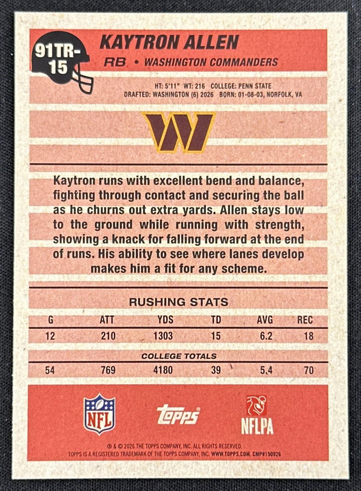 Kaytron Allen 2026 Topps Flagship 1991 Rookie Commanders