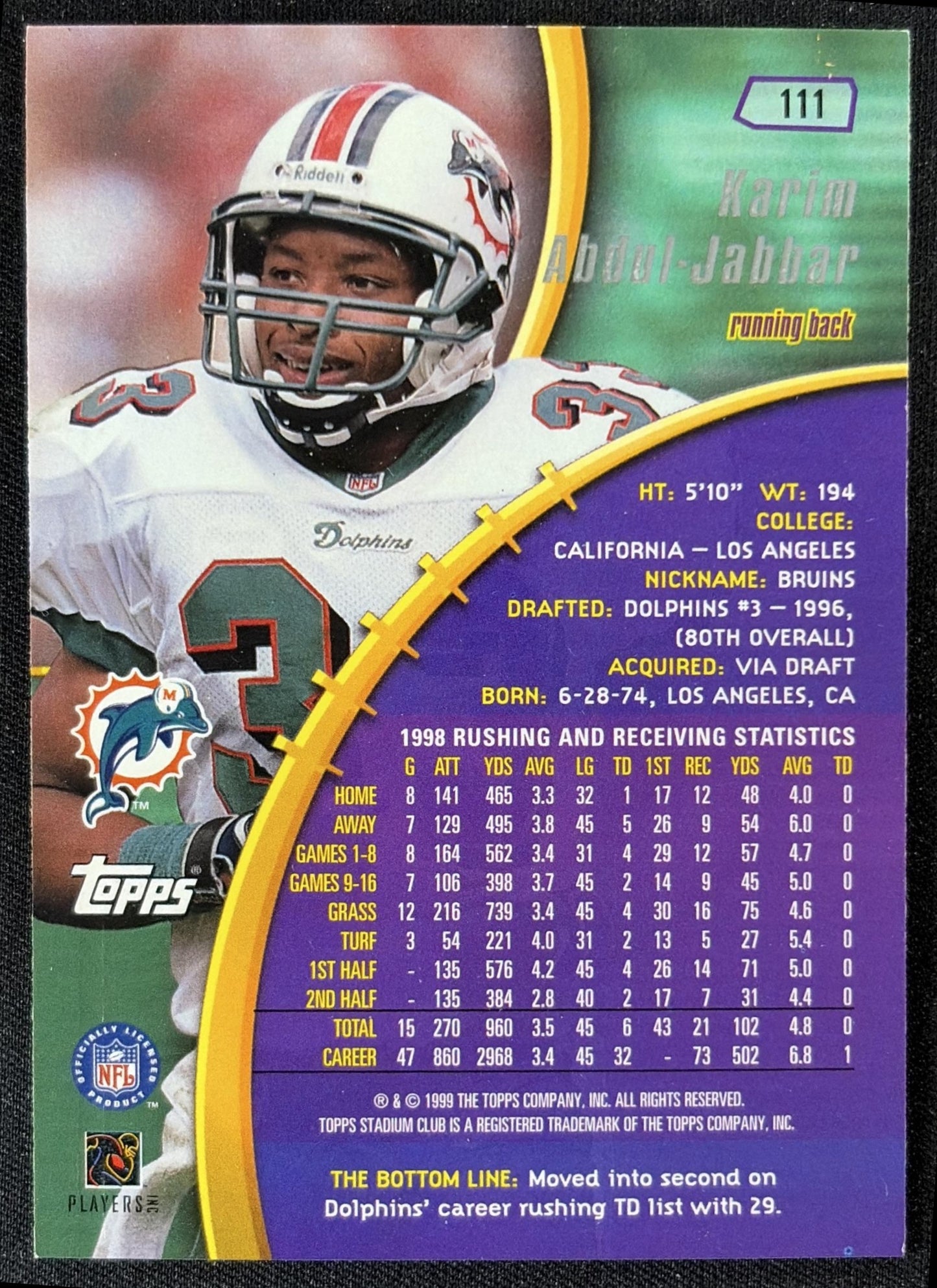 Karim Abdul-Jabbar 1999 Topps Stadium Club Dolphins