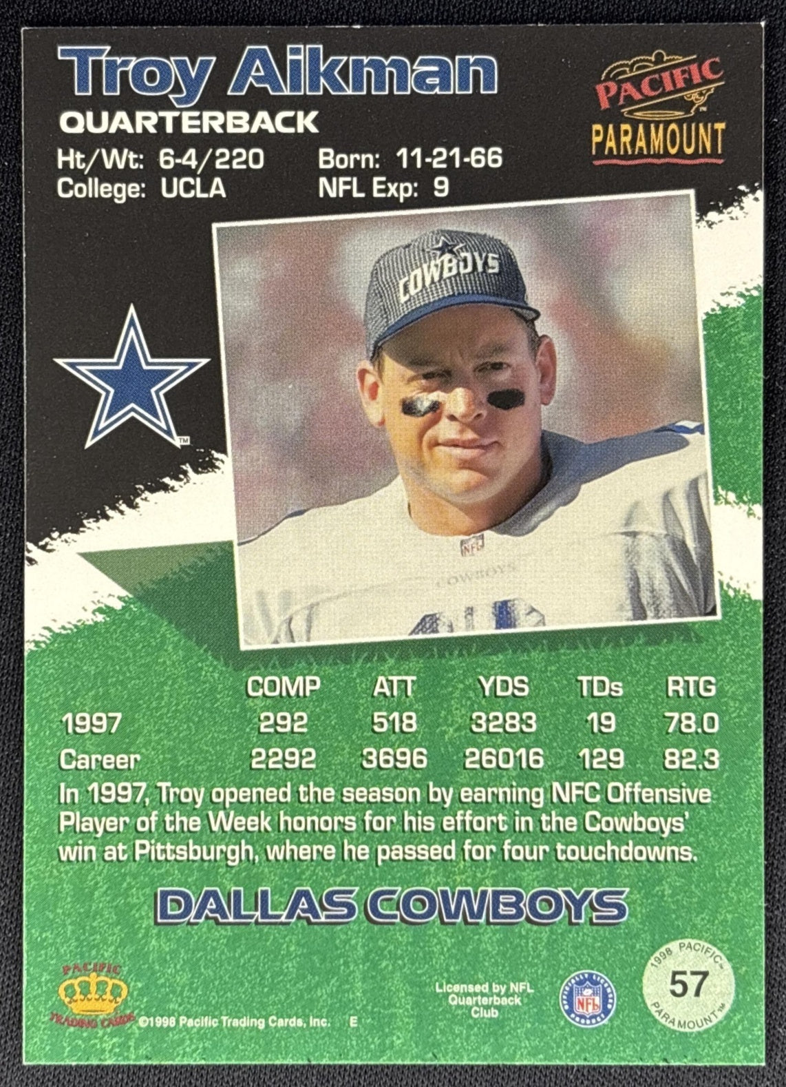 Troy Aikman 1998 Pacific Paramount Cowboys Sports Trading Cards