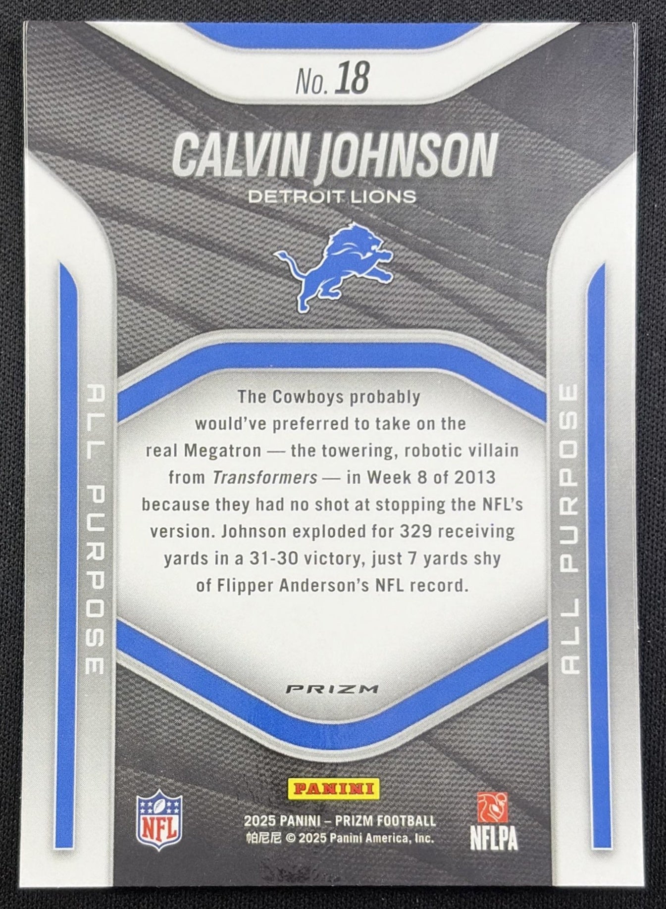 Calvin Johnson 2025 Panini Prizm All Purpose No Huddle Lions Detroit Lions