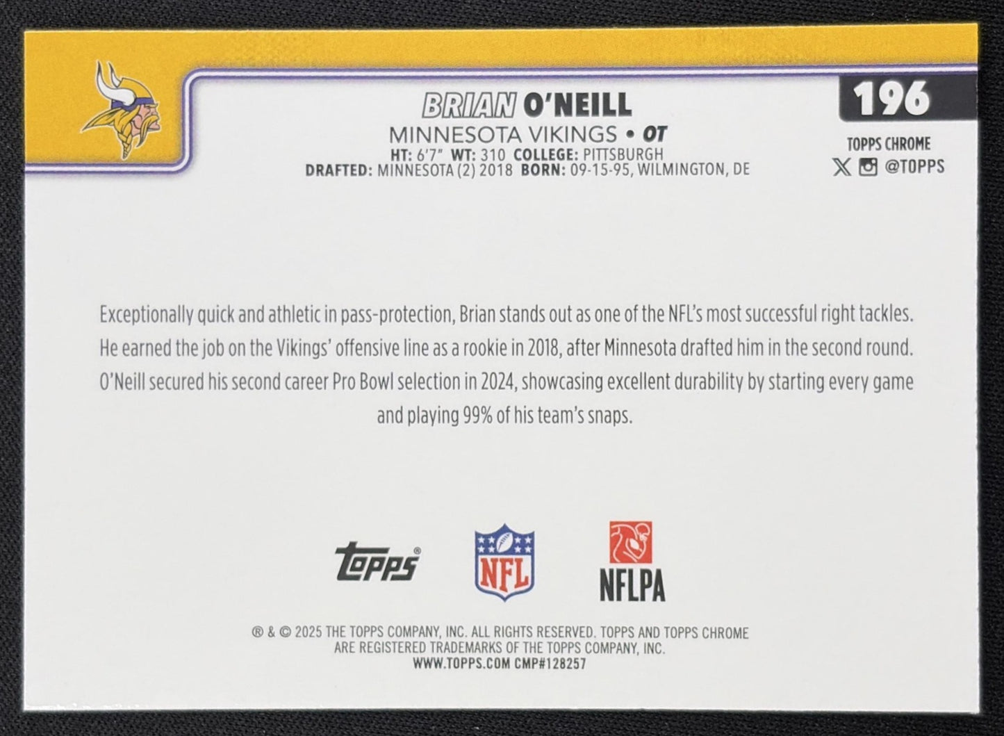 Brian O'Neill 2025 Topps Chrome Teal Refractor /299 Vikings