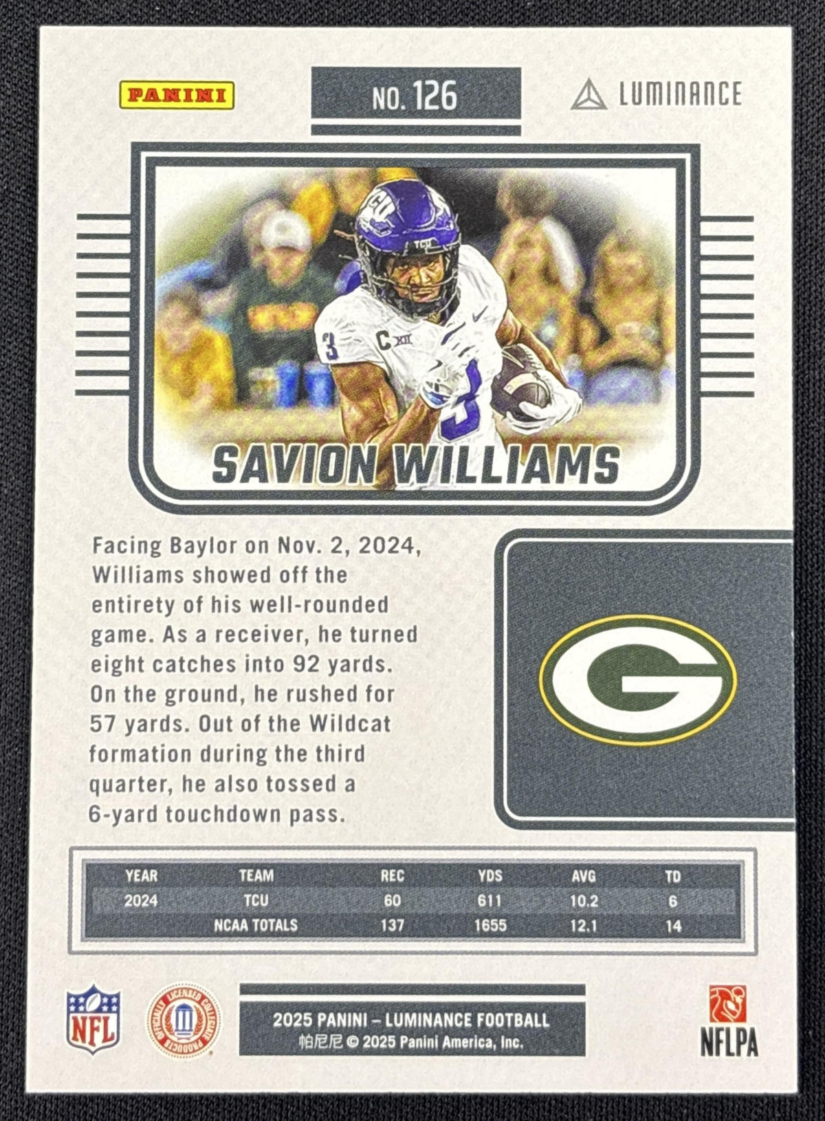 Savion Wlliams 2025 Panini Luminance Black /75 Packers