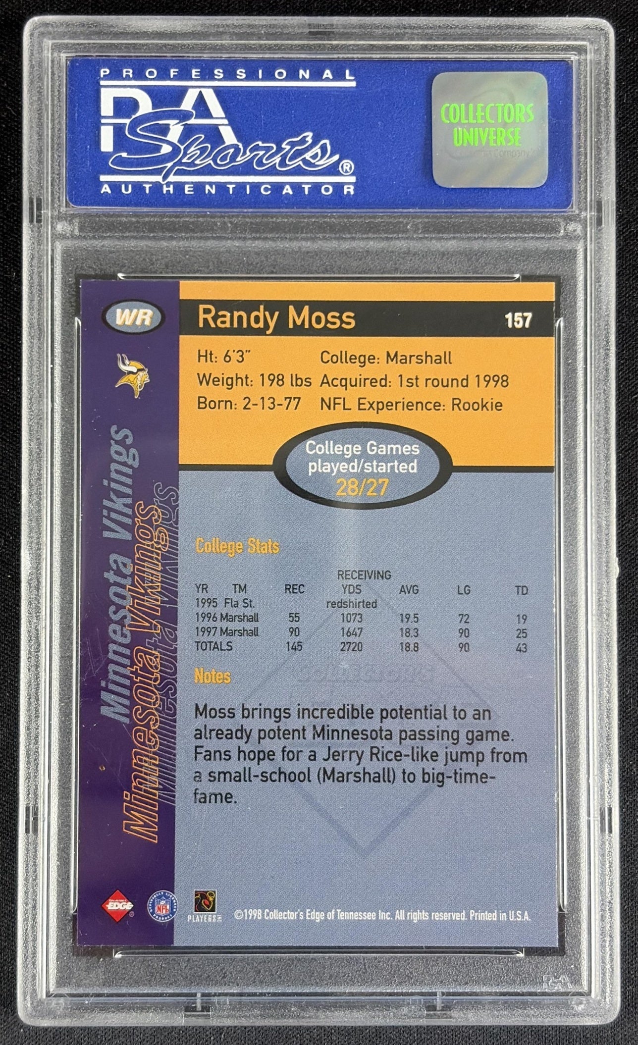 Randy Moss 1998 Collector's Edge First Place Record Setters PSA 9 Vikings 10630734 - back