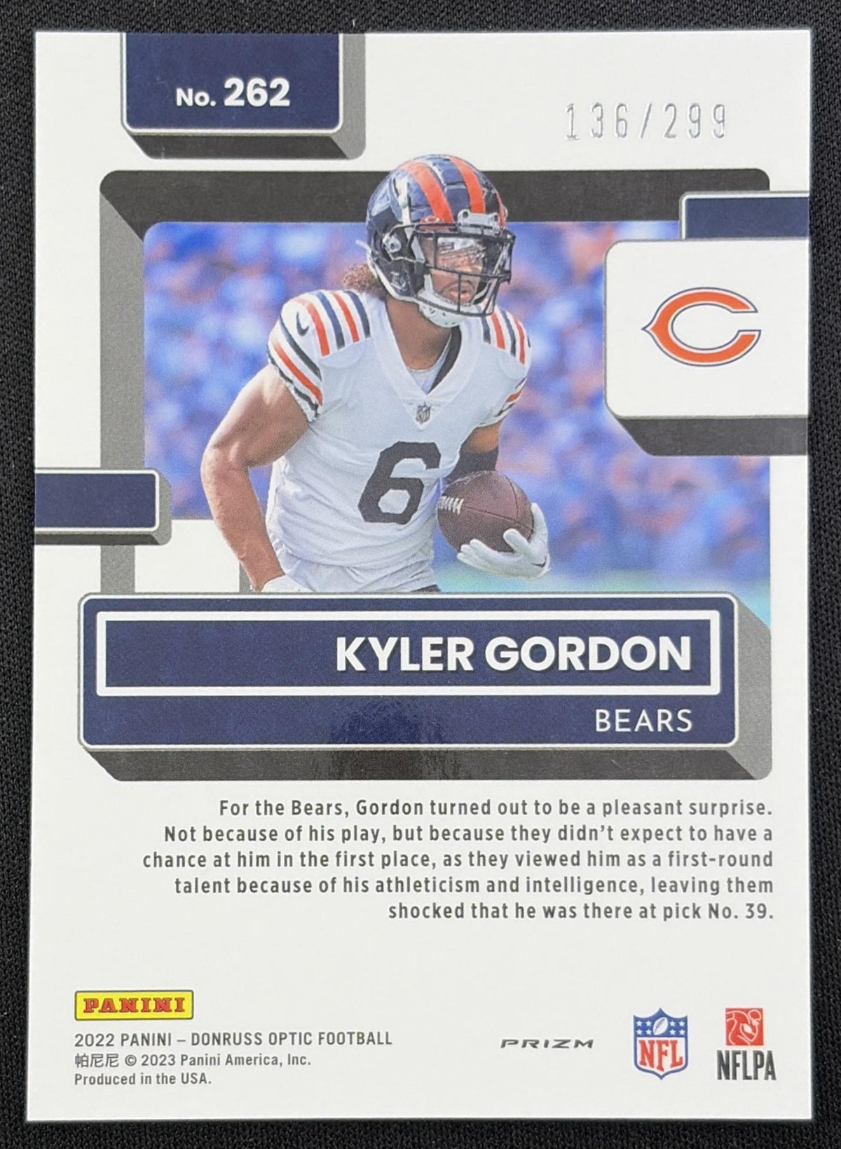 Kyler Gordon 2022 Panini Donruss Optic Aqua /299 Bears back