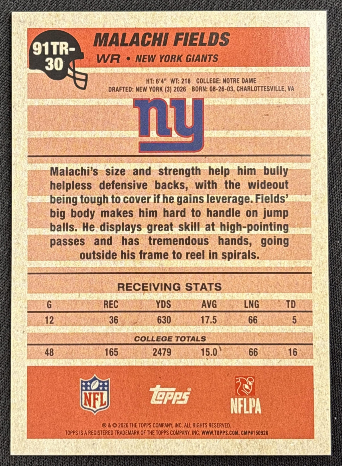 Malachi Fields 2026 Topps 1991 Rookie Crackle Foil Giants New York Giants